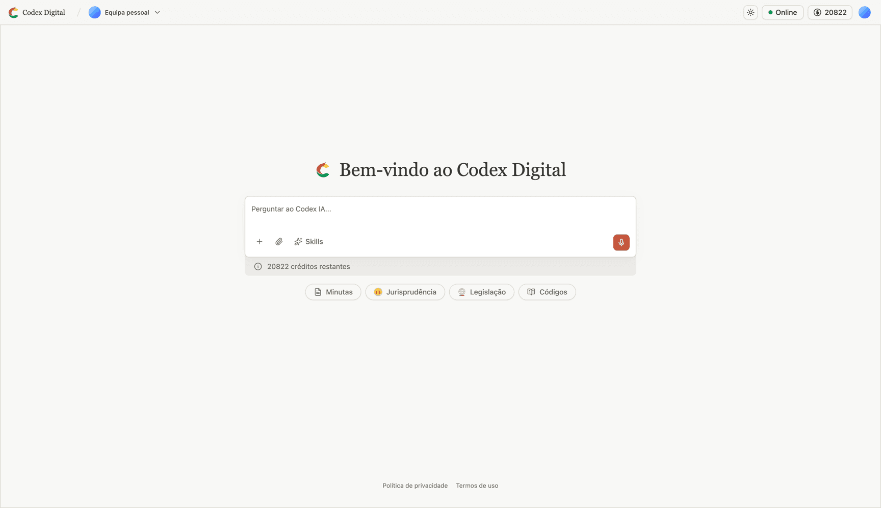 Painel web da Codex Digital para pesquisa jurídica assistida